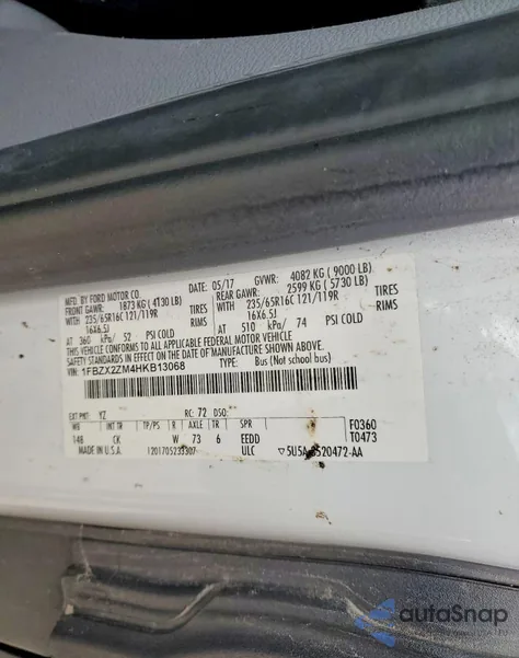 2017 Ford Transit T-350 из США, поврежденный, VIN 1FBZX2ZM4HKB13068